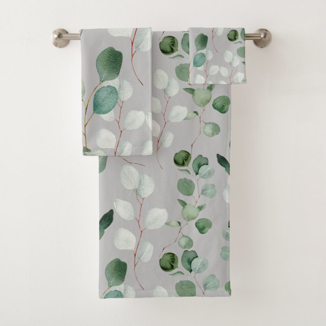 GREY SAGE GREEN BOTANICAL BATHROOM TOWEL SET (Insitu)