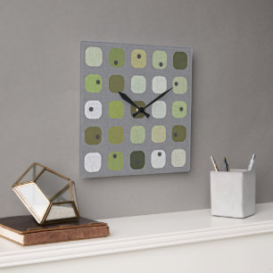 Grey Sage Olive Green Round Squares Art Pattern Square Wall Clock