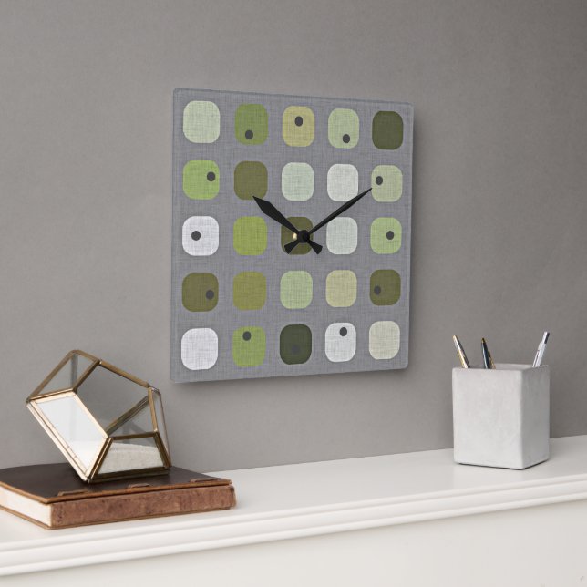 Grey Sage Olive Green Round Squares Art Pattern Square Wall Clock (Office)