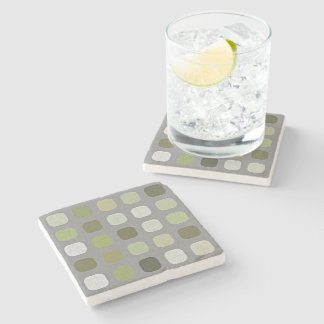 Grey Sage Olive Green Round Squares Art Pattern Stone Coaster