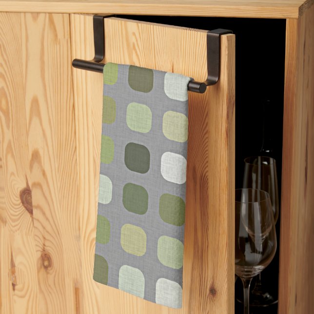 Grey Sage Olive Green Round Squares Art Pattern Tea Towel (Thirds Fold)