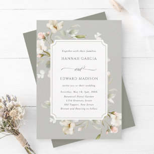 Grey Sage White Elegant Floral Wedding Invitation