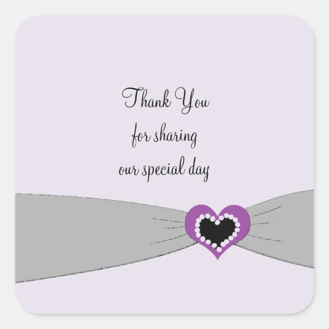 Grey Sash Purple Heart Wedding Thanks Square Sticker (Front)