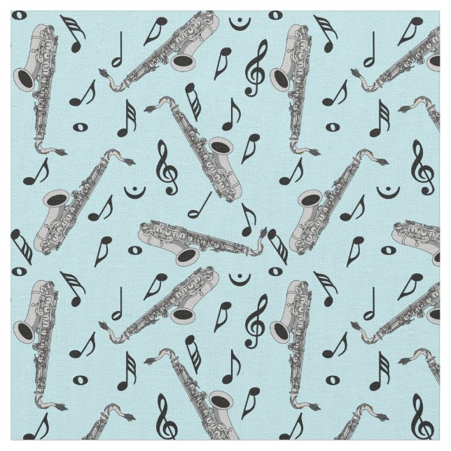 Grey Saxophone Music Note Pattern Fabric (Close Up)