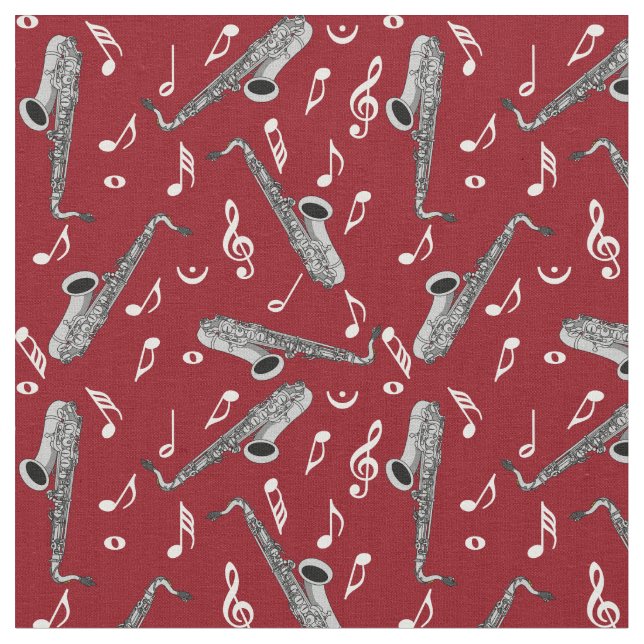 Grey Saxophone Music Note Pattern Fabric (Close Up)