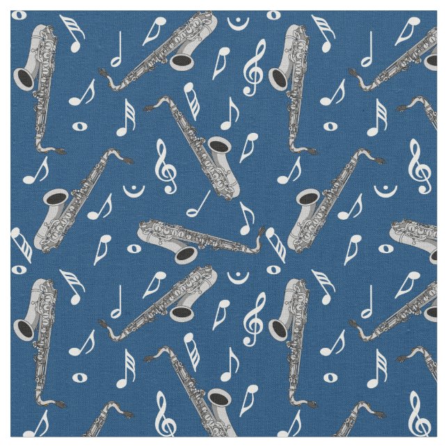 Grey Saxophone Music Note Pattern Fabric (Close Up)