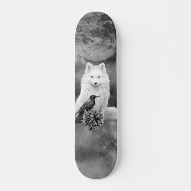 Grey Scale White Fox Fantasy Raven Moon Skate Deck (Front)