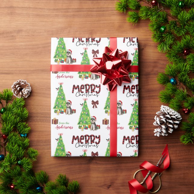 Grey Schnauzer Terrier, Bird, and Christmas Tree Wrapping Paper (Holiday Gift)