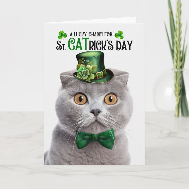 Grey Scottish Fold Lucky Charm St CATrick's Day Holiday Card (Front)