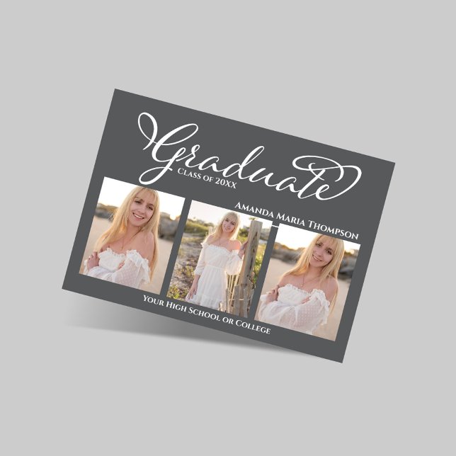 Grey Script 3 Photo Graduation Announcement (Elegant grey three photo graduation announcement with script graduate text and senior portraits.)