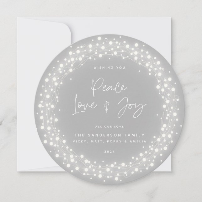 Grey Script Font Peace Love+Joy Sparkling Lights Holiday Card (Front)