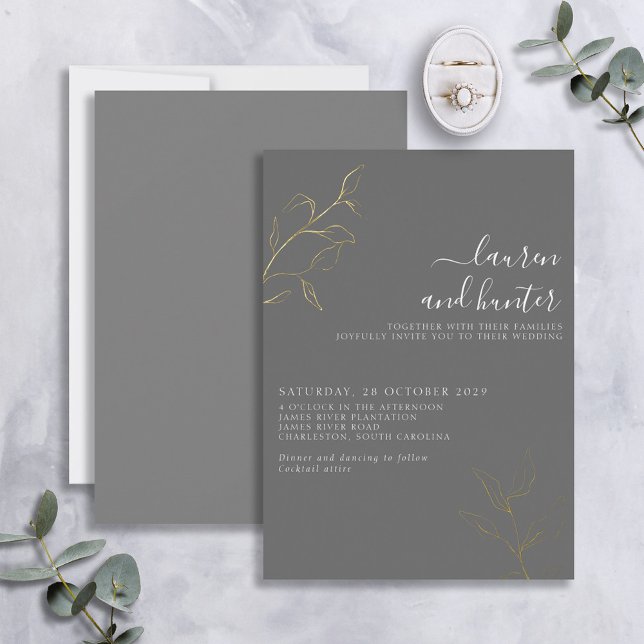 Grey Script Gold Botanical Wedding Foil Invitation (Creator Uploaded)