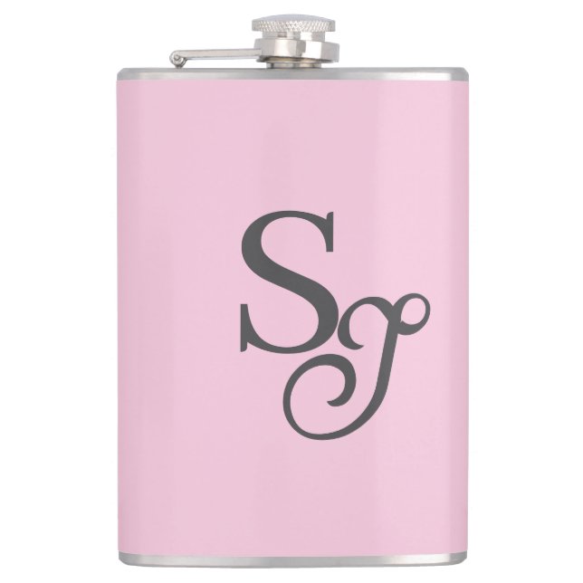 Grey script initial monogram pink hip flask (Front)
