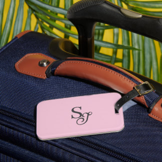 Grey script initial monogram pink luggage tag
