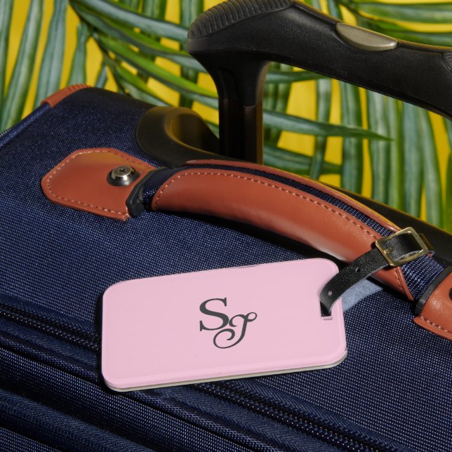 Grey script initial monogram pink luggage tag (Front Insitu 3)