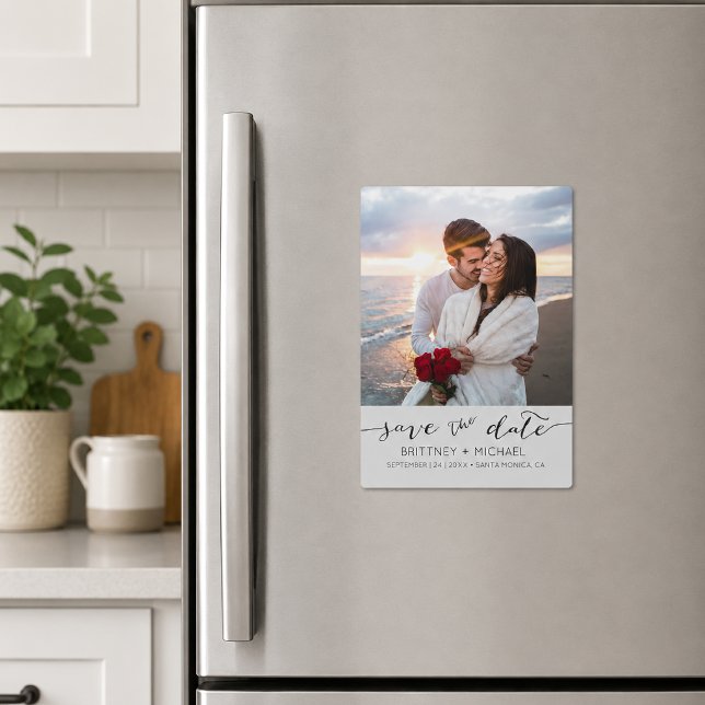 Grey Script Photo Save the Date Magnetic Invitation (Chic save the date magnet featuring elegant handwritten script typography and soft grey bottom)