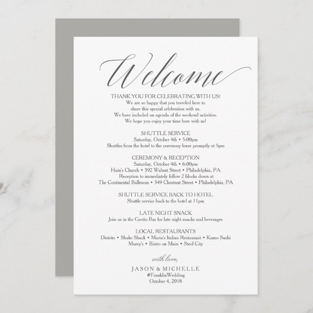 Grey Script Wedding Itinerary Welcome Letter Invitation (Front/Back)
