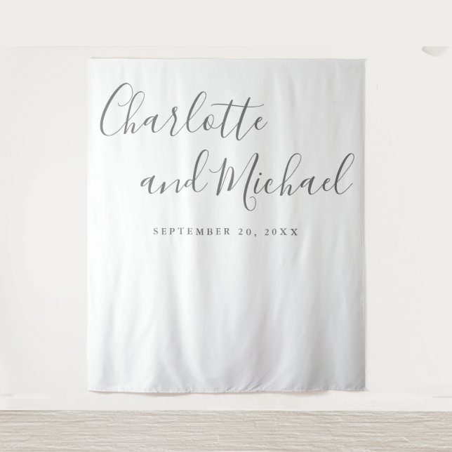 Grey Script Wedding Photo Booth Backdrop Tapestry (Front)