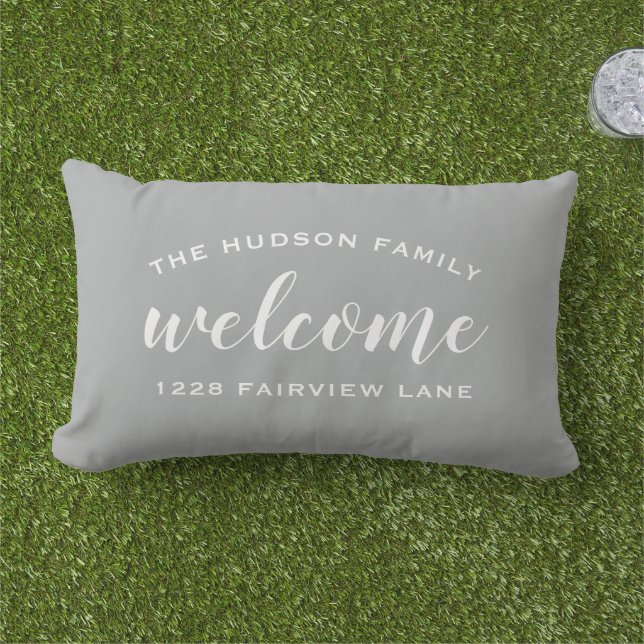 Grey Script Welcome Monogram Porch Lumbar Cushion (Grass)