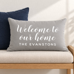 Grey Script Welcome to Our Home Lumbar Cushion