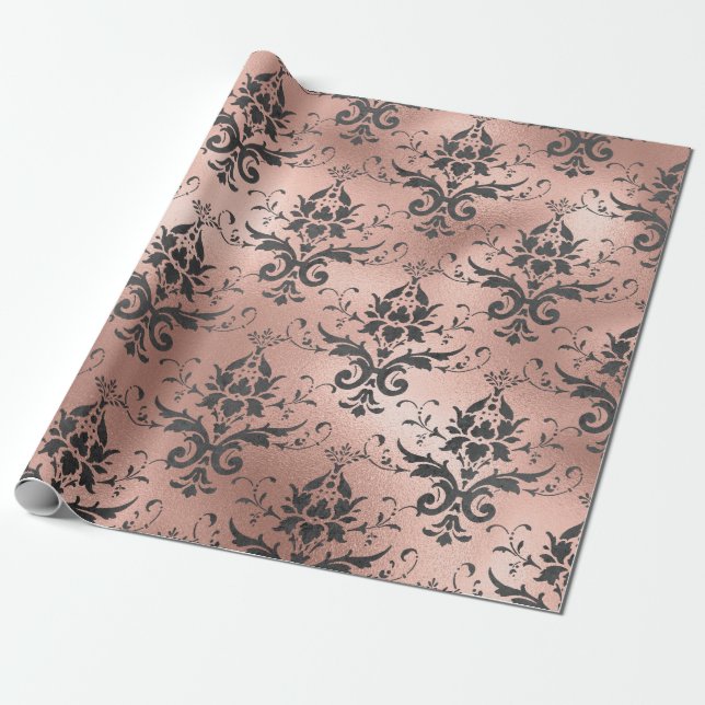 Grey Scroll Work Floral on Pink Wrapping Paper (Unrolled)