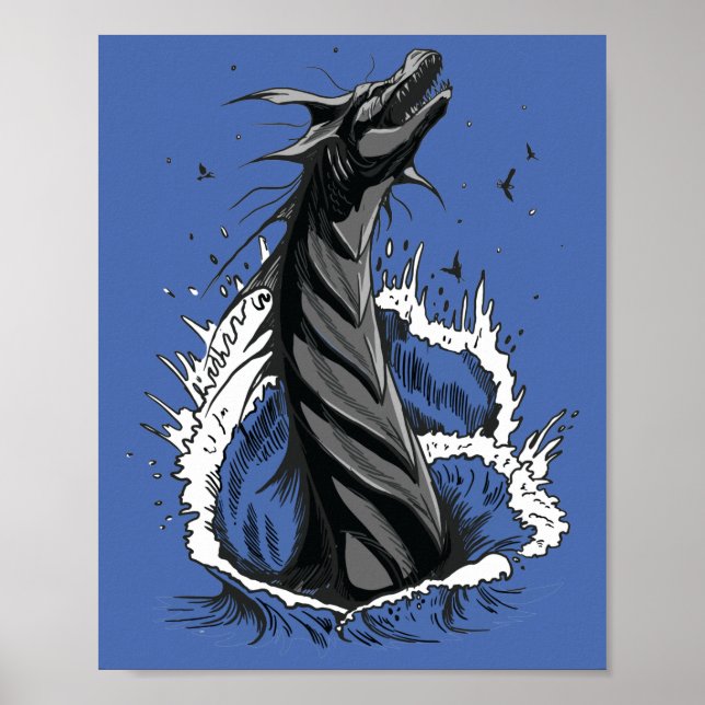 Grey Sea Monster Serpent Ocean Waves Poster (Front)