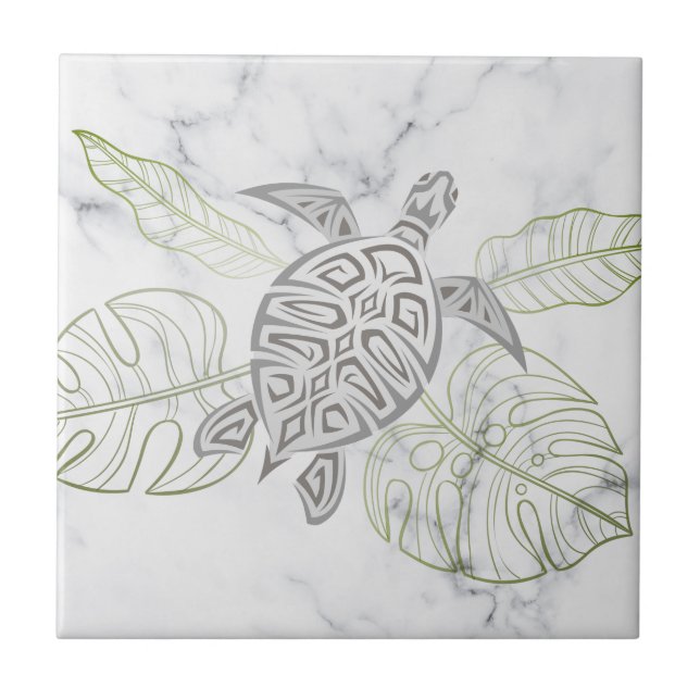 Grey Sea Turtle Tropical Marble Coastal  Ceramic Tile (Front)