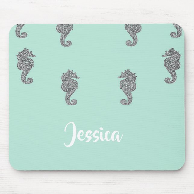 Grey seahorses on blue mouse pad (Front)