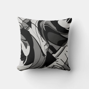 Grey Shades on Black Abstract Flowing Floral Cushion