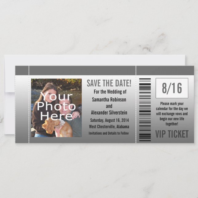 Grey Shades Photo Ticket Save The Date (Front)