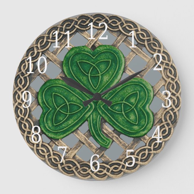 Grey Shamrock And Celtic Knots Round Clock (Front)