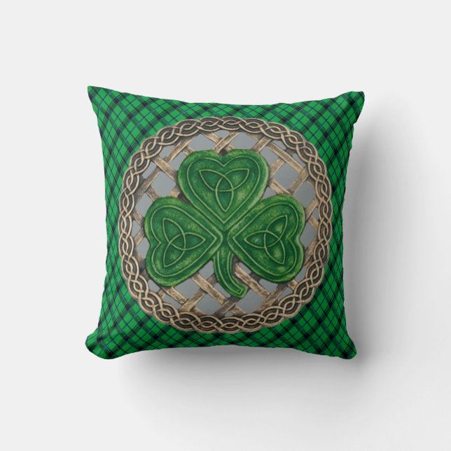 Grey Shamrock Celtic Knots On Green Plaid Cushion (Front)
