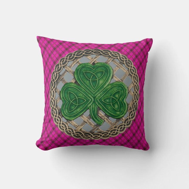 Grey Shamrock Celtic Knots On Pink Plaid Cushion (Front)