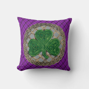 Grey Shamrock Celtic Knots On Purple Plaid Cushion