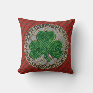Grey Shamrock Celtic Knots On Red Plaid Cushion