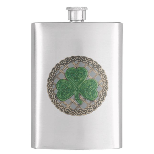 Grey Shamrock On Celtic Knots Flask (Front)