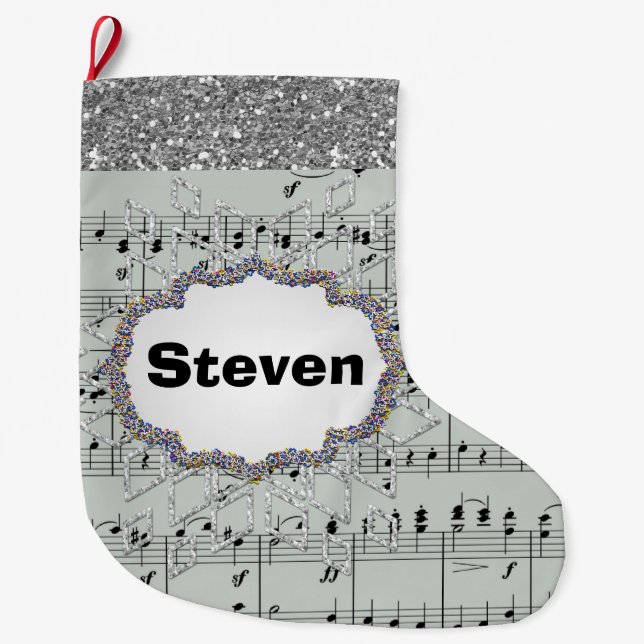 Grey Sheet Music Silver Snowflake Faux Glitter Large Christmas Stocking (Front)