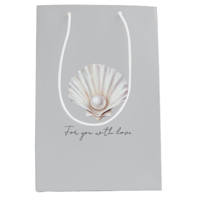 Grey Shell White Pearl Bridal Shower Medium Gift Bag (Front)