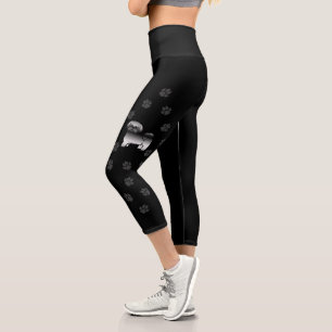 Grey Shih Tzu Cute Cartoon Dog & Paws Capri Leggings