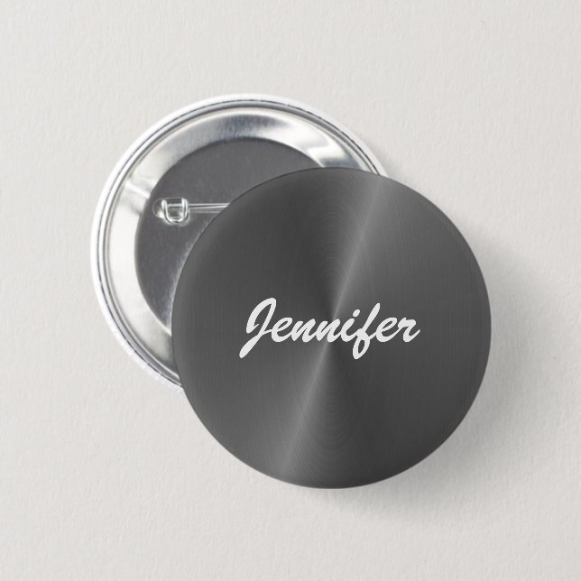 Grey shiny faux metal custom name 6 cm round badge (Front & Back)