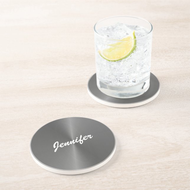 Grey shiny faux metal custom name coaster (Side)