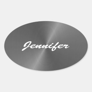 Grey shiny faux metal custom name oval sticker