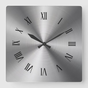 Grey Shiny Metallic-Stainless Steel Roman Numerals Square Wall Clock