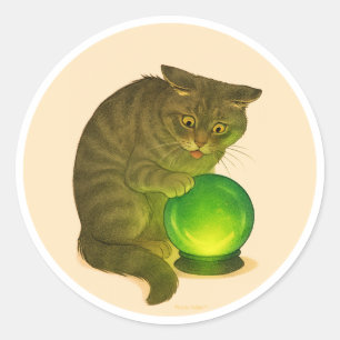 Grey Shorthair cat with green crystal ball Classic Round Sticker