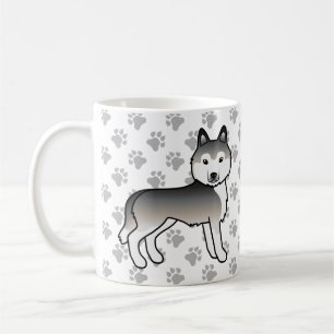 Grey Siberian Husky Cartoon Dog & Paws Coffee Mug