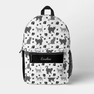 Grey Silhouette Cats Pawprints Pattern Printed Backpack