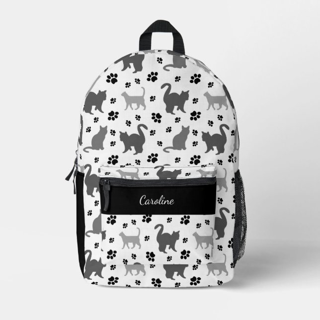 Grey Silhouette Cats Pawprints Pattern Printed Backpack (Front)