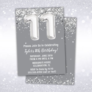 Grey Silver 11th Birthday Party Invitation