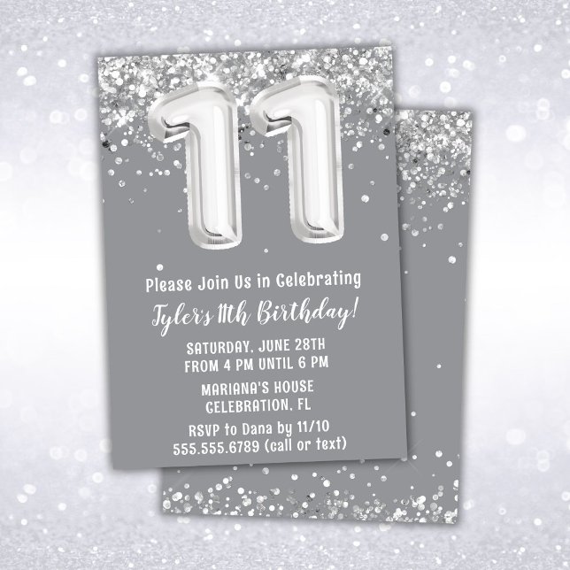 Grey Silver 11th Birthday Party Invitation (Creator Uploaded)