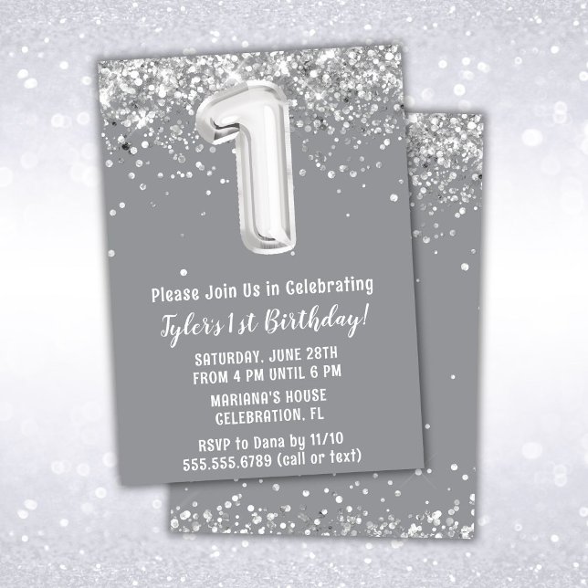 Grey Silver 1st Birthday Party Invitation (Creator Uploaded)